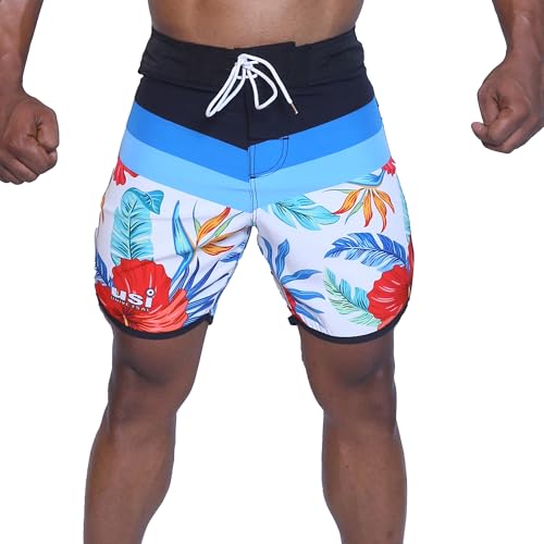 Image of USI Universal 411PA Aloha Physique Board Shorts, Polyester Fitness Shorts, Hook & Loop Fly, Drawstring Closure, Tailored Fit for Thin Waist & Muscular Thighs (in, Alpha, L, White /Red /Blue)