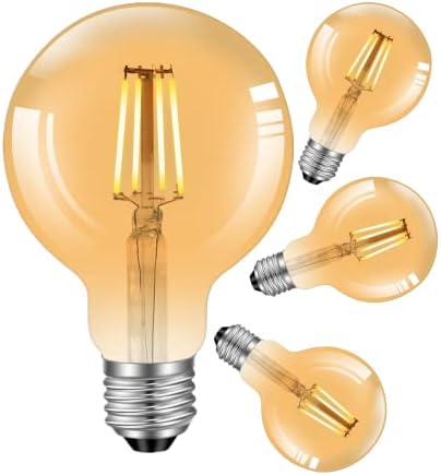 kuyamilay Dimmable E27 Edison Light Bulbs,LED Vintage Bulb,LED Filament Bulb, Retro G80 Amber Glass LED Lamp 4W,2700K Warm White,4 Pack [Energy Class A+]