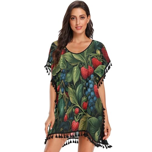 Red Blueberry Green Leaves Women's Beach Cover Up Chiffon Tassel Swimwear Swimsuit Coverups for Girl