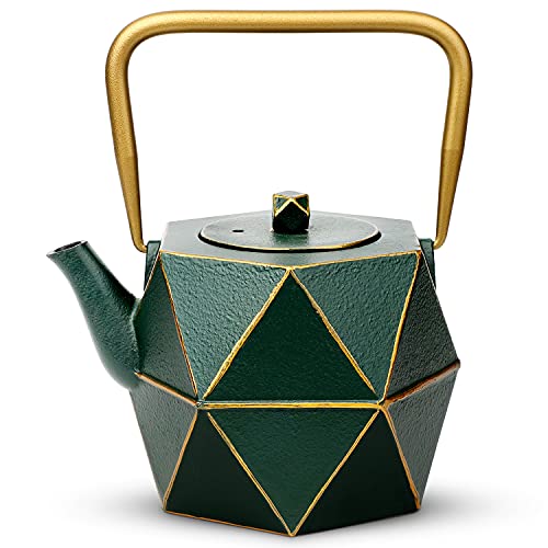 Comparison: Best Tea Pot For Green Tea 7 Toptier Cast Iron Teapot, Stovetop Safe Japanese Cast Iron Tea Kettle, Diamond Design Tea Pot with Removable Infuser for Loose Tea, 30 Ounce (900 ml), Dark Green