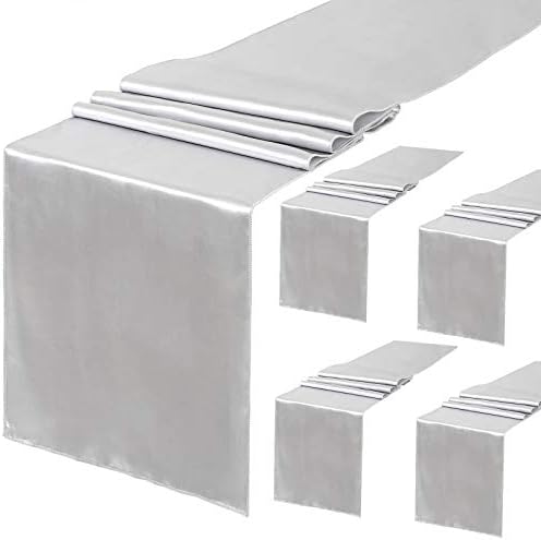 5 Pack Silver Table Runners 12 x 108 Inches Long Smooth Silk Silver Satin Table Runner for New Year Party Valentine's Day Graduations Birthday Banquet