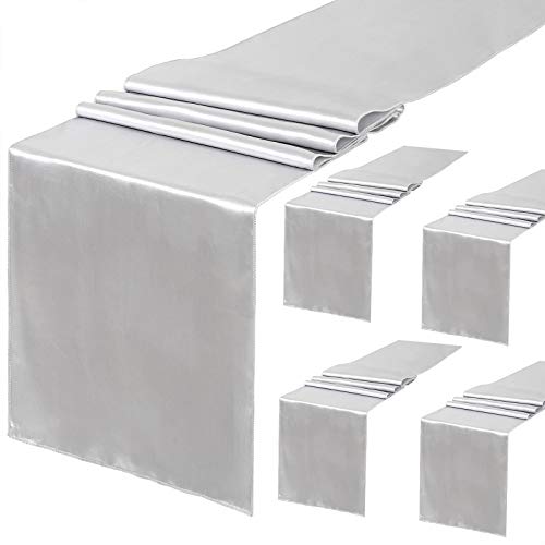 5 Pack Silver Table Runners 12 X 108 Inches Long Smooth Silk Silver Satin Table Runner For New Year Party Valentine's Day Graduations Birthday Banquet #TOP20