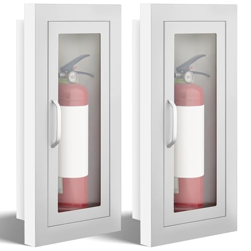 Image of Zonon 2 Pcs Semi Recessed Fire Extinguisher Cabinet Box Steel Recessed Wall Cabinet, Magnetic Door with Handle, Acrylic Window, 2.5 Inch Trim, for 2.5 /5 /10 lb Dry Chemical Fire Extinguisher (White)