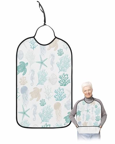 LEOKOTI Teal Coastal Adult Bibs for Eating, Waterproof Bibs with Food Catcher & Adjustable Snap Closure, Nautical Summer Beach Coral Sea Turtle Washable Clothing Protectors Adult Bibs for Elderly