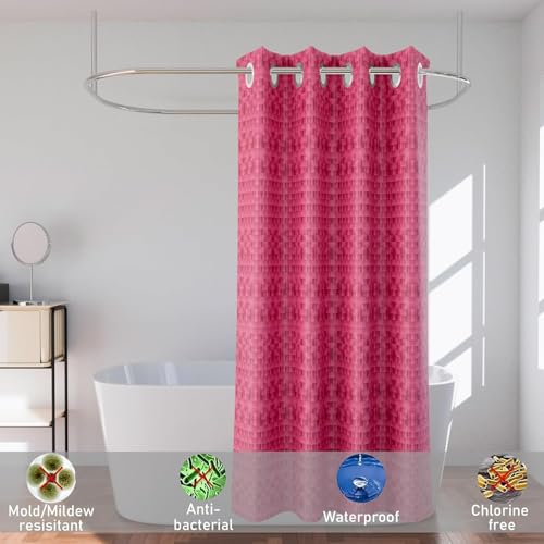 Image of Kuber Industries 7 Ft Waterproof Check Eyelet Shower Curtains for Bathroom | Washroom Partition Screen & Wall Divider Parda for Bath | Pink