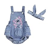 Infant Baby Girl Easter Outfits Sleeveless Strap Romper Denim Onesie One Piece Bunny Bodysuit + Headband (Blue Bunny, 6-12 Months)