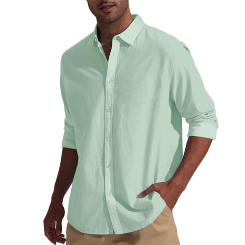 Friptspyg Leinenhemd Herren Hemd Langarm Baumwolle Leinen Hemden Button-Down Freizeithemden Casual Regular Fit Sommerhemd, Mintgrün XL 5