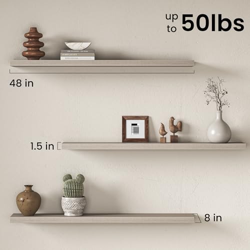 Image of Fun Memories 48Inch Floating Shelves for Wall, 8 Inch Deep Shelves for Bathroom|Bedroom|Kitchen, Large Wall Mounted Wood Hanging Shelf with Invisible Brackets for Home Storage Decor, Grey - 2 Pack
