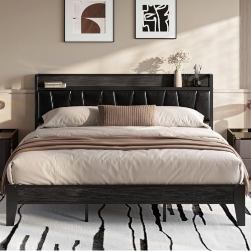 Image of LIKIMIO King Bed Frame, PU Leather Storage Headboard with Charging Station, Solid and Stable, Noise Free, No Box Spring Needed, Easy Assembly, Black