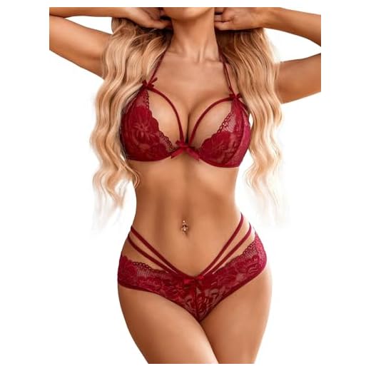 Avidlove Lingerie Lace Babydoll 2 Piece Sexy Bra and Panty Sets Dark Red L