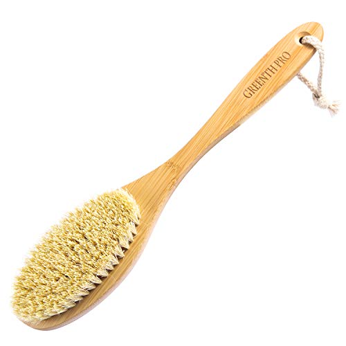 Natural Dry Brushing Body Brush - 15 Inches Exfoliating Brush Firm Sisal Bristle Back Scrubber Exfoliator with Long Bamboo Handle for Bath, Shower, Remove Dead Skin