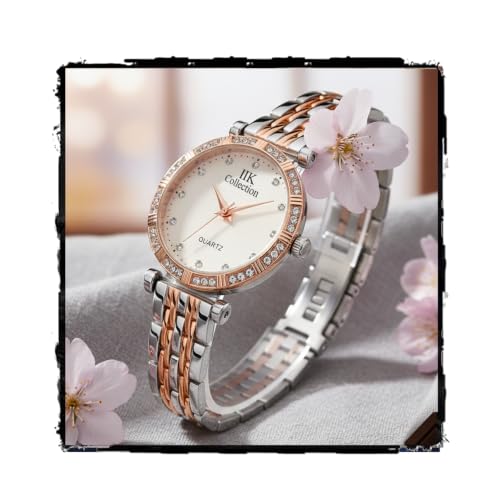 IIK COLLECTION Watches for Women Round Studded Dial |Analogue Quartz Movemnet Ladies Watch|Long Battery Life|Stainless Steel Adjustable Bracelet Chain Strap|Double Lock Clasp Safety Watches for Girls
