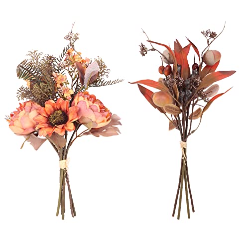 Vintage Peony Artificial Fall Flowers Bouquets,Fake Acorns Plants Silk Sunflower Floral Arrangements Wedding Bouquets Decorations Floral Table Centerpieces For Home Kitchen Garden Party Décor (Orange) #TOP10