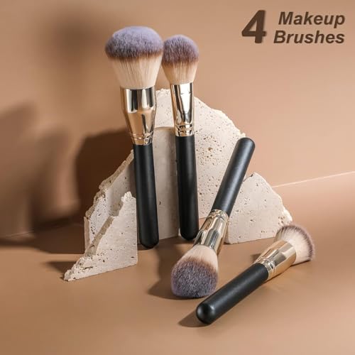 Image of BS-MALL Soft Professional Makeup Brush Set - 4 Pcs Travel-friendly Brushes Including Foundation Brush for Liquid Makeup, Powder Brush & Blush Brush,Daily use (Black Silver)