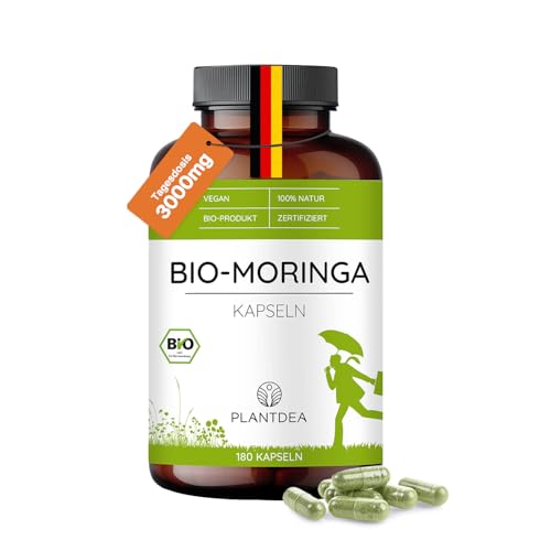 PlantDEA Bio Moringa Kapseln I 3000mg Tagesdosis I 180 Moringa-Kapseln hochdosiert I laborgeprüft I Bio Moringa Pulver I veganes Moringa-Präparat I Ohne Zusätze