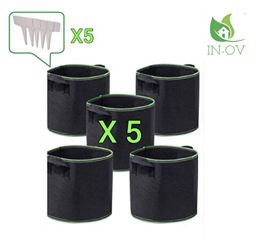 IN-OV - Set di 5 vasi per piante in tessuto, per coltivazione in tessuto, vaso da giardino in tessuto non tessuto, 3 galloni con 5 marcatori per piante (3 grondaie nere/Green)