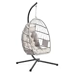 SONGMICS Outdoor Hanging Egg Chair, Foldable Removable Basket, Height-Adjustable Swing Chair, Side Pocket, Cushion, for Living Room, Garden, Balcony, White GDC050WZ02