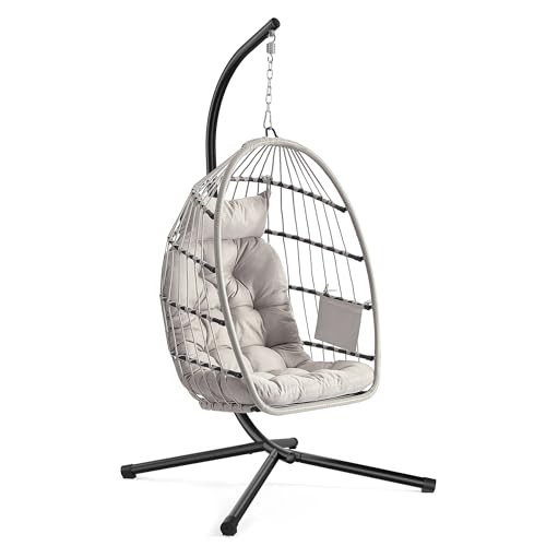 SONGMICS Chaise Suspendue Extérieur, Nacelle Pliable et Amovible, Fauteuil Oeuf Réglable en Hauteur, Poche de Rangement, Coussin d’Assise Rembourré, pour Salon,...
