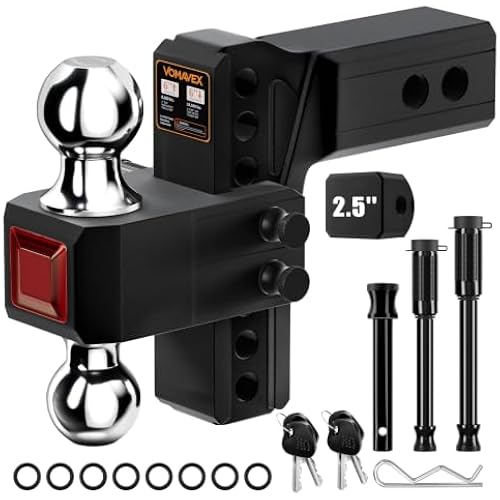 Vomavex Adjustable Trailer Hitch-Fits 2.5" Receiver, Aluminum Tow Hitch, 6" Drop/Rise, 18,500 LBS GTW, Dual Ball (2" x 2-5/16"), Truck Hitch with Built-in Reflectors and 2 Anti-Theft Pins