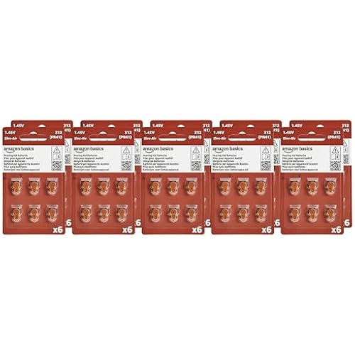 Amazon Basics 60-Pack Hearing Aid Batteries Size 312, 1.45 Volt, Zinc Air Technology, Long-Lasting, 4-Year Shelf Life, Mercury Free, Brown Tab, Child-Safe Package