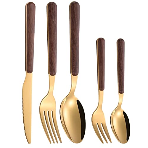Besteck-Sets 30/20-teiliges Besteck-Set mit Holzgriff, Edelstahl, Gold, Geschirr-Set, Service, Messer, Gabel, Löffel, Holzgeschirr-Sets, Edelstahl (Farbe: Grau) (Schwarz)