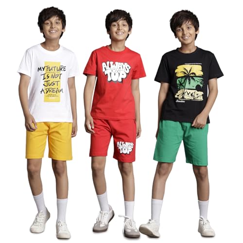 Image of T2F Boys Cotton Printed Regular Fit T-Shirt and Shorts Clothing Set (Pack of 3)