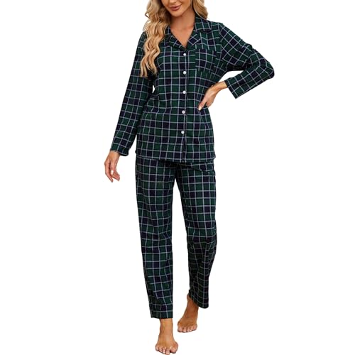 HEARTNICE Women Soft Pajama Set, Long Warm Flannel Pajamas Lightweight Cute Printed Pjs Set with Pockets (Navy-Green Plaid,S)