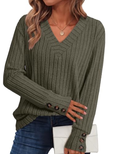 Image of Dokotoo Womens Tops V Neck Lightweight Sweater Fall Long Sleeve Top 2026 | Decorative Buttons, Soft Breathable Knit Material, Pullover Tunic Tops, Business Casual, Fall Outfits, Winter Clothing 2026