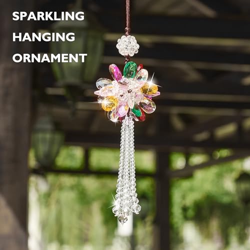 Image of Crystal Flower Ball Car Pendant Lucky Car Mirror Hanging Ornament Crystal Suncatcher Hanging Charm Auto Interior Decoration, Colorful
