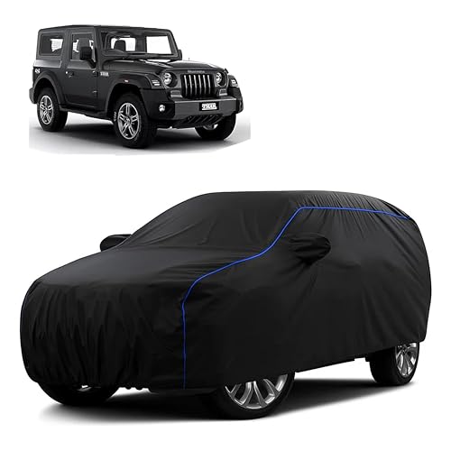 Image of Sulfar 100% Water Resistant Car Body Cover Compatible with Mirror for Mahindra Thar (Triple Stitched, Full Bottom Elastic, Black Tafetta with Blue Piping)