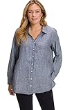  Ulla Popken Damen große Größen Übergrößen Plus Size Bluse, Leinen, offener Kragen, Langarm Marine-Melange 50+ 794882125-50+