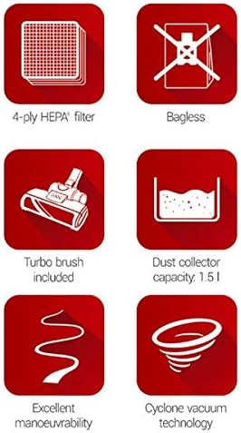 Icons representing key features: 4-ply HEPA filter, Bagless design, Turbo brush included, 1.5L dust collector capacity, Excellent maneuverability, Cyclone vacuum technology.