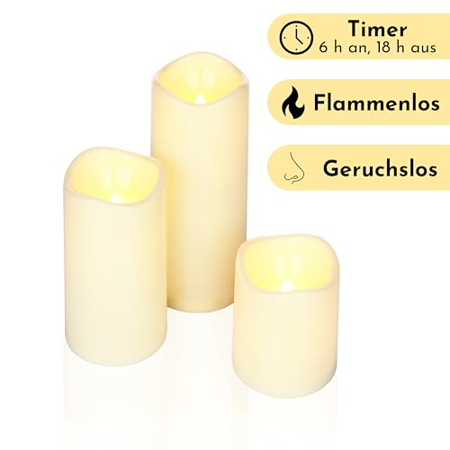 Nordstern LED Kerzen 3er Set - Stumpenkerzen mit flackernden Licht und Timerfunktion - 6 h Warmweißes batteriebetriebenes Licht - Indoor & Outdoor – Bild 2