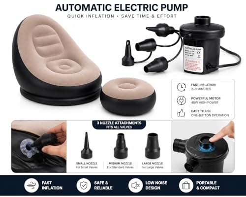 Image of Inflatable Air Sofa Chair with Ottoman & Automatic Electric Pump, Portable Flocked Blow Up Lounge Chair for Living Room, Bedroom, Camping & Outdoor Use (Beige)