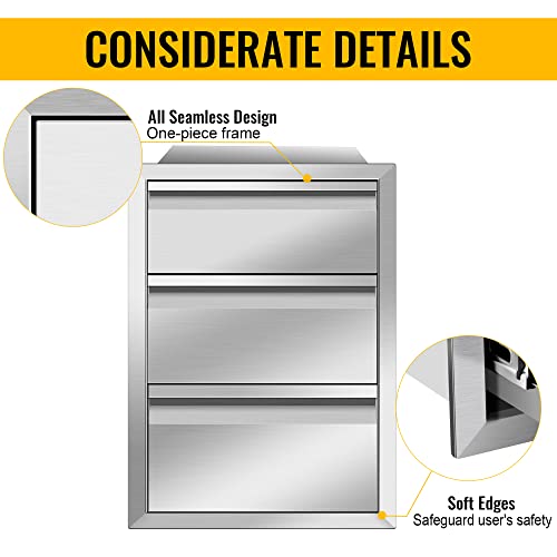 Image of Outdoor Kitchen Drawers 16 inch W x 21 inch H x 23 inch D Inch Stainless Steel Flush Mount BBQ Triple Drawers for Outdoor Kitchen Island, or Patio Grill Station