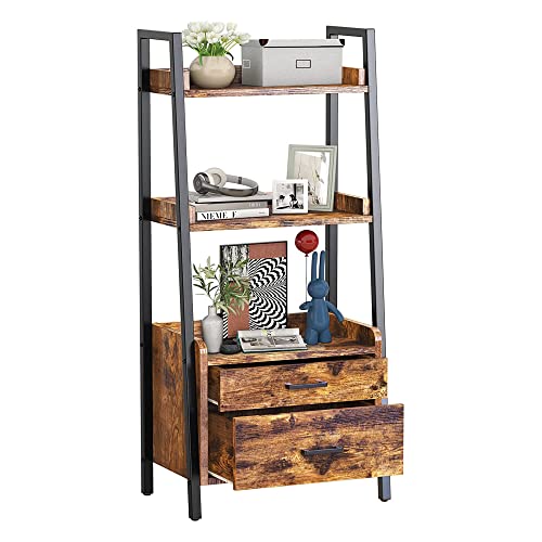 Fabato 3-Tier Ladder Shelf Bookcase With 2 Drawer Organizer Display Shelves Freestanding Bookshelf With Metal Frame For Living Room Office Kitchen Rustic Brown #TOP4
