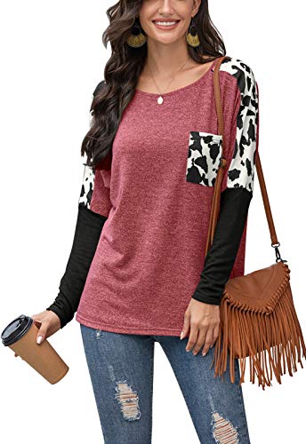 LilyCoco Women Leopard Print Shirts Color Block Long Sleeve Pullover Tunic Tops with Pocket Burgundy S