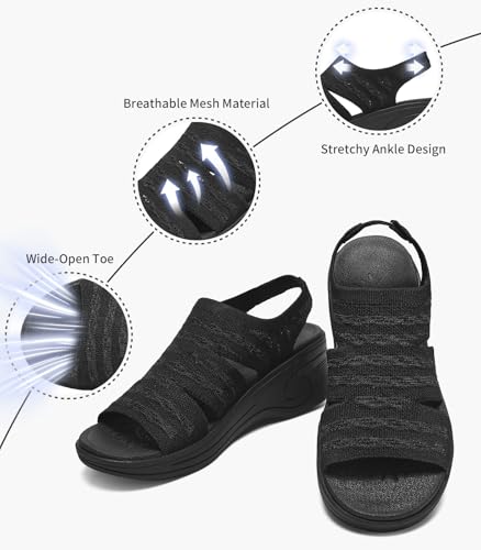 Image of Womens Wedge Sandals Platform Walking Sandals Open Toe Ankle Elastic Strap Casual Comfortable Summer Dressy