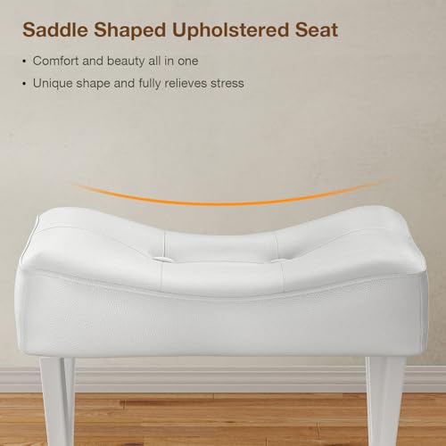 Image of Memobarco 18-Inch Leather Vanity Stool Chair, Vanity Bench with Metal X-Leg, Ottoman Accent Stool with Thick Padded Saddle Seat, White