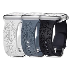 3 Pack Wildflower Engraved Bands Compatible with Apple Watch Band 40mm 38mm 41mm 44mm 42mm 45mm 49mm Women, Floral Soft Silicone Sport Strap for iWatch Bands Series SE 9 8 7 6 5 4 3 2 1 Ultra