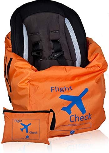 Car Seat Travel Bag and Carrier for Gate Check with Travel Pouch - Bright Orange with Blue Letters for Airport, Airplane Gate Check, Car Trips and Storage Double Backpack Straps | Carseat Bag for sto