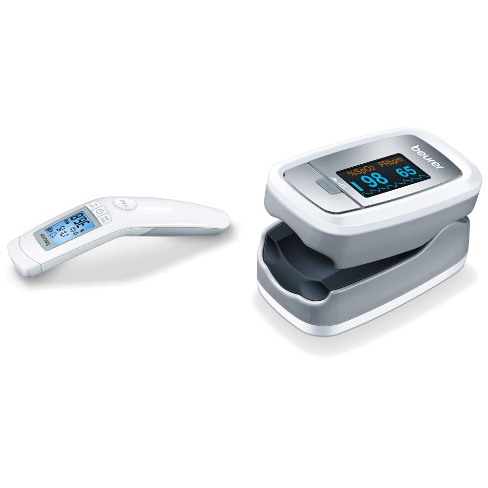 Beurer FT 90 Termómetro clínico, digital por infrarrojos sin contacto + PO 30 Pulsioxímetro, medición saturación de oxígeno y frecuencia cardíaca, pantalla a color de fácil lectura