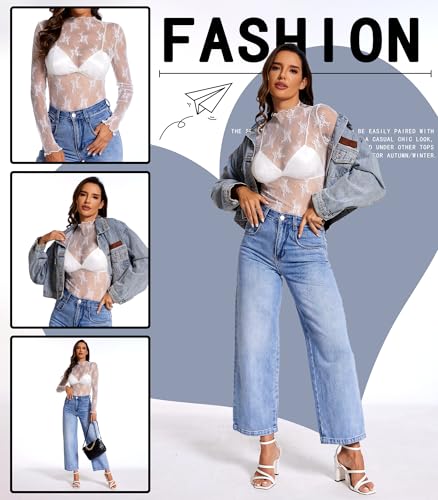 Womens Lace Long Sleeve Mesh Top Mock Neck Sheer Blouse See Through Floral Layering Shirt4