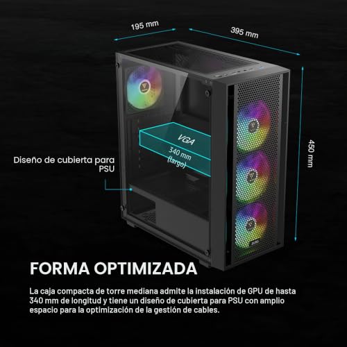Caja para PC ATX Mid Torre negra con ventiladores ARGB 120mm y frontal de malla 6