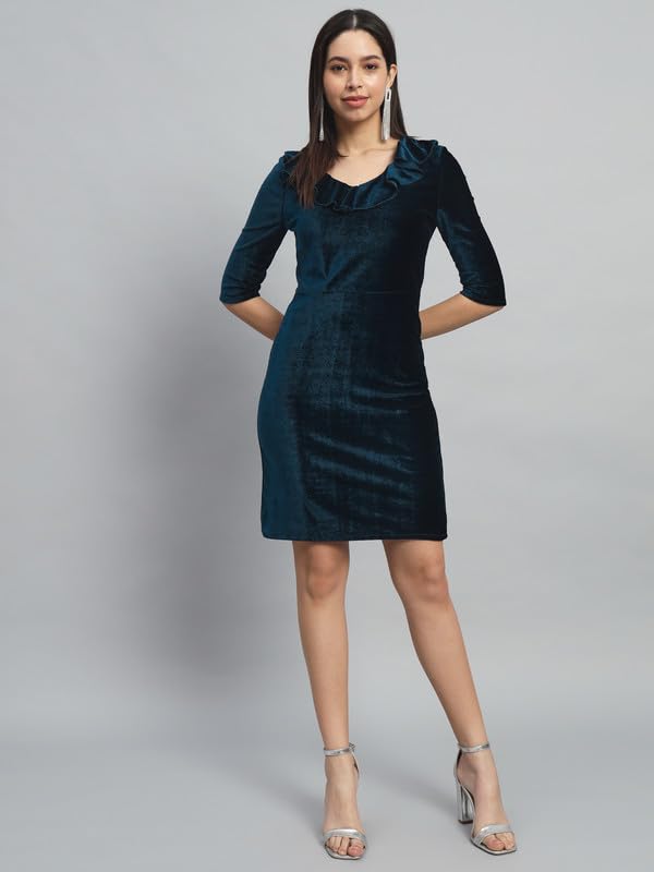 Image of Vaararo V-Neck Party Dress for Women Bodycon | Shiny Velvet Half Sleeves Above Knee Length Outfit