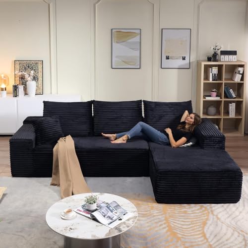107' Modular Sectional Couches for Living Room, Comfy Boneless L Shaped Cloud Couch with Chaise Lounge, Modern Cozy Corduroy Deep Seat Floor Sofa, Memory Foam, No Assembly Required, Black