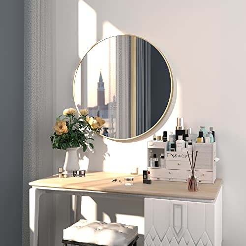 B&C 36 Inch Round Mirror French Gold Aluminum Framed,Large Brushed Golden Metal Circle Mirror For Vanity Make Up, Circular Mirror For Bathroom/Entryway/Bedroom/Livingroom/Farmhouse Home Décor #TOP6