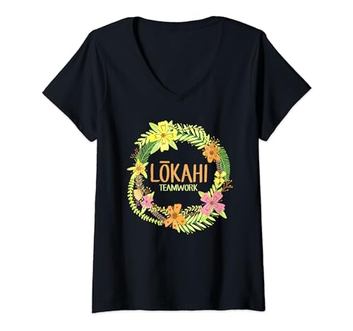 Mujer Hawaiian Teamwork Valores Idioma Arte Gráfico Diseño Temático Camiseta Cuello V