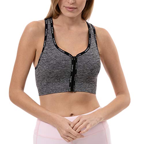 bebe Sport Women s Front Zip Seamless Mini Logo Tape Sport Bra, Charcoal Grey, M