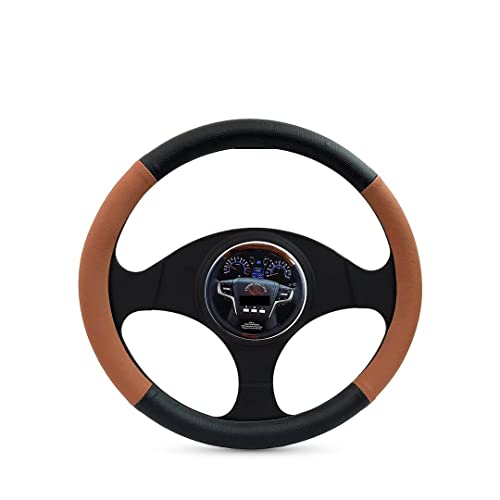 Image of Auto Oprema Car Dual Tone Steering Wheel Cover - Leather, Breathable, Anti Slip (Black-Tan) Customise Fitting for Indica
